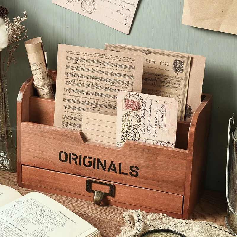Solid Wood Retro Storage Cabinet Newspaper Books Magazine Box Newspaper Rack Folder with Drawer