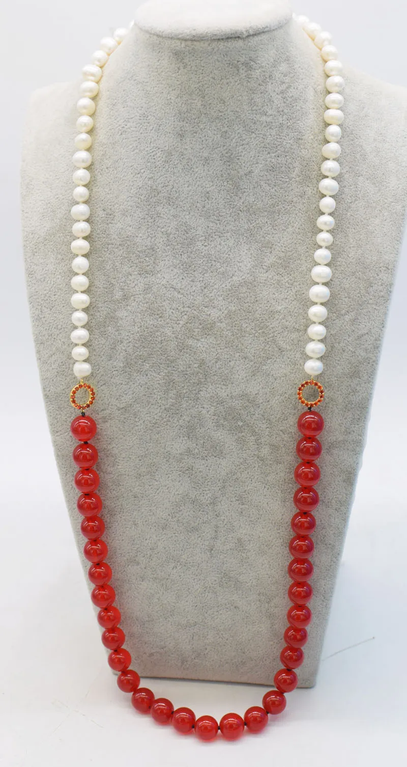 

freshwater pearl near round 8-9mm and red jades 12mm necklace nature wholesale beads 32inch