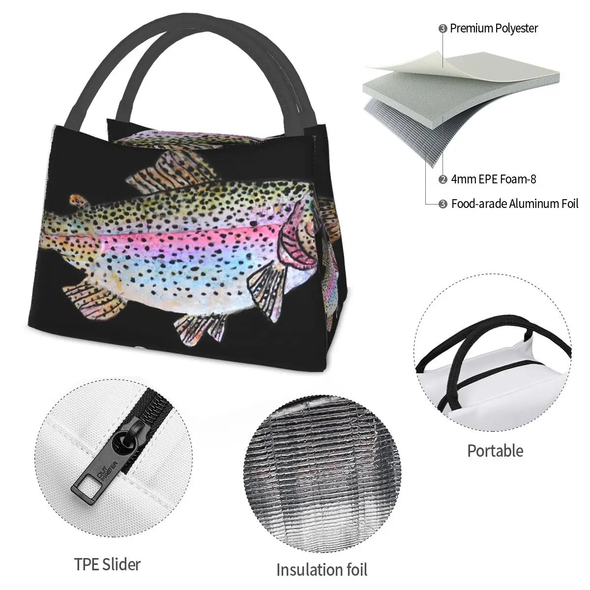 Rainbow Trout Fish Drawing Portable insulation bag for Cooler Thermal Food Office Pinic Container