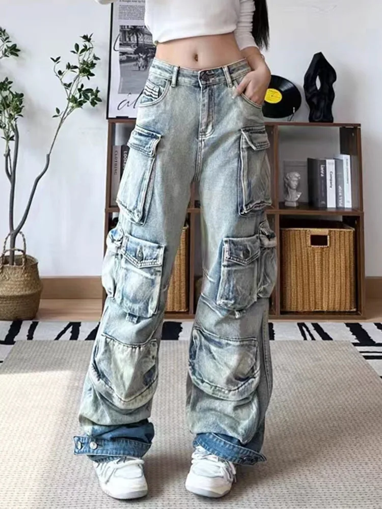 女性用デートハイウエストカーゴパンツ、デニムストリートウェア