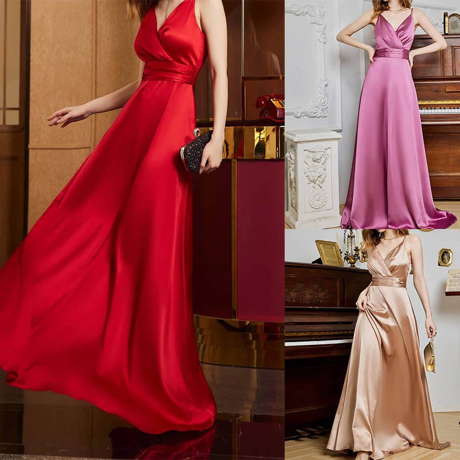

New Women's Summer Sling Sexy Long Dress Solid Bridesmaid Evening Dress Bridal Party Reception Vestidos De Festa