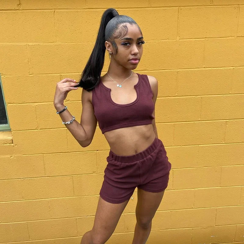 Women U-Neck Sleeveless Vest Solid Color High Waist Slim Shorts Two Piece Set Wine Red Streetwear Summer Casual Sport Shorts Set