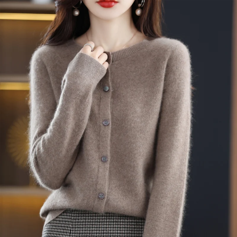 

Fashion Spring Autumn Female O-Neck 100% Merino Wool Sweater Women Knitted Cashmere Cardigan Basic Knitwear Clothing Tops