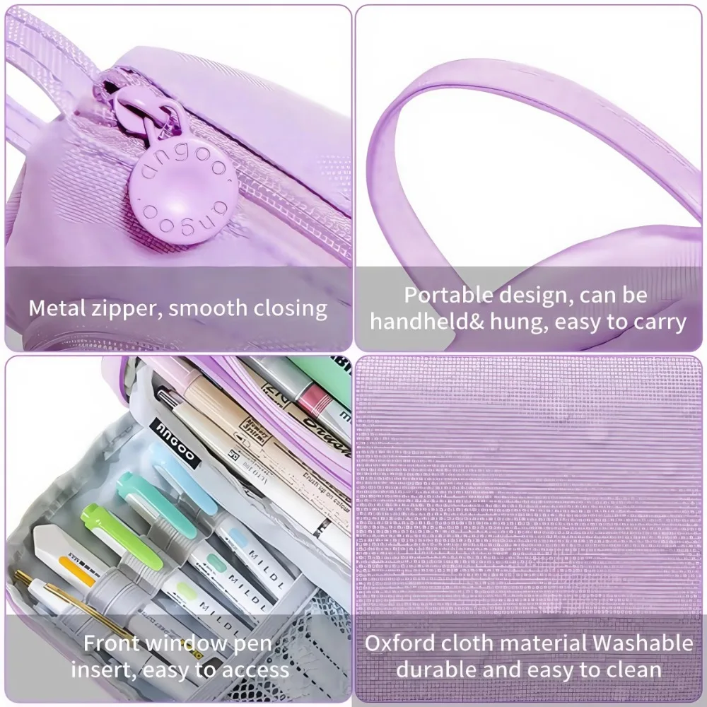 Astuccio portatile per matite, borsa porta matite multistrato in tinta unita, grande capacità con maniglia, scatola per penne, forniture per scuola e ufficio - immagine 3