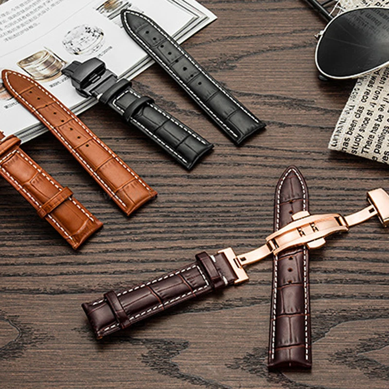 Luxurious Leather Watch Strap with Universal Metal Butterfly Clasp - Multiple Size Options Available