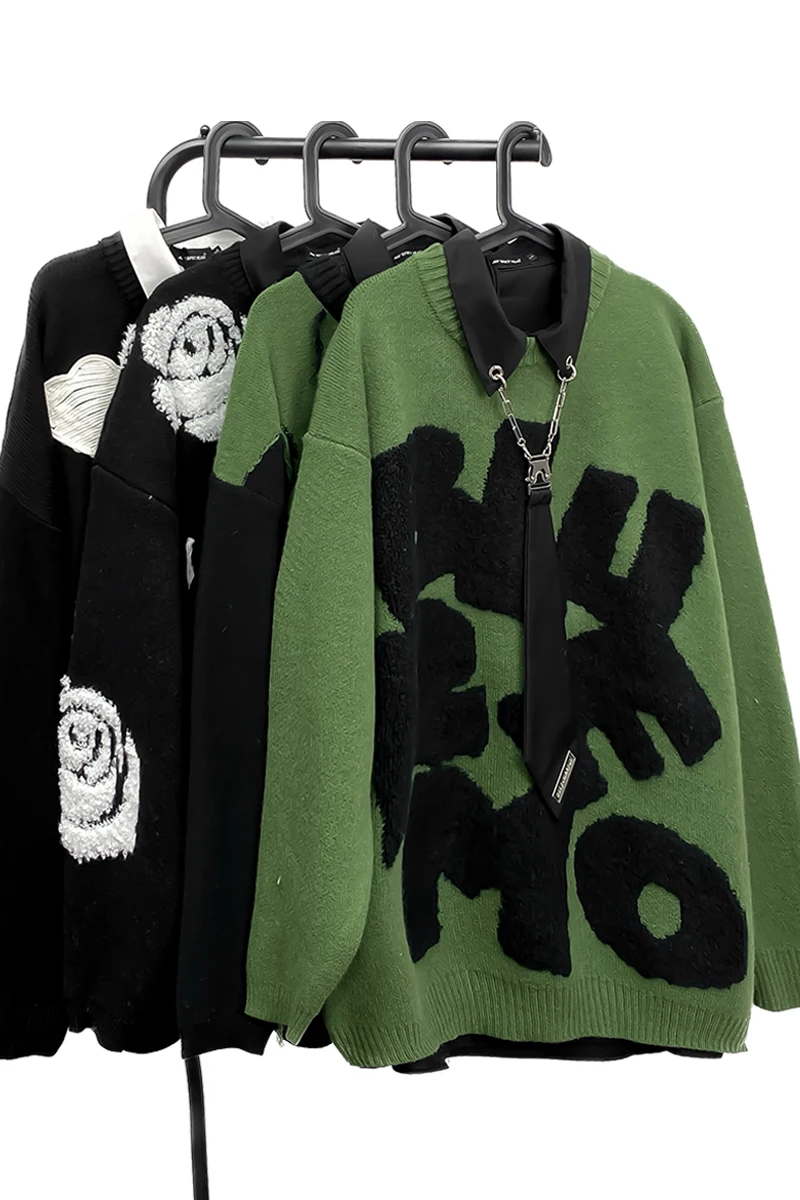 New Fashion Brand American Retro Alphabet Towel Embroidery Sweater Men's Loose Ins Hip-Hop Loose Knitwear For Women's Clothes