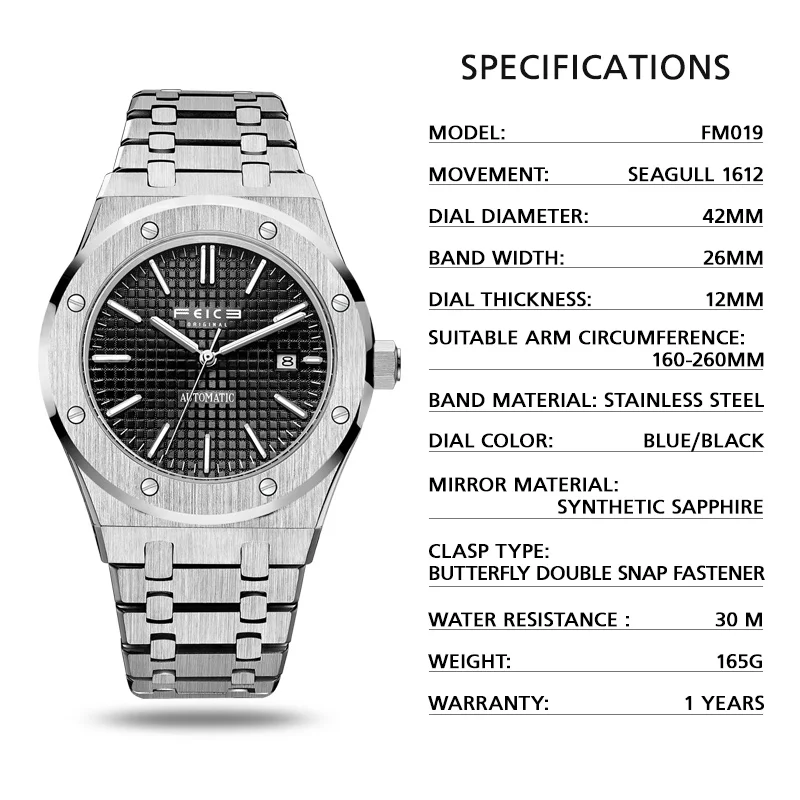 FEICE New Men's Automatic Mechanical Watch Skeleton Luminous Watch Waterproof Sapphire Mirror Luxury Stainless Steel Wristwatch 6