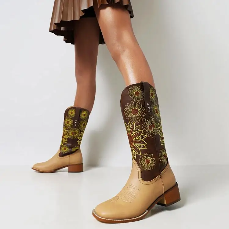 

Vintage Embroidered Sunflower Western Cowboy Boots Square Heel Pointed Toe Rider Boots Slim New Plus Size Women's Boots 35&43