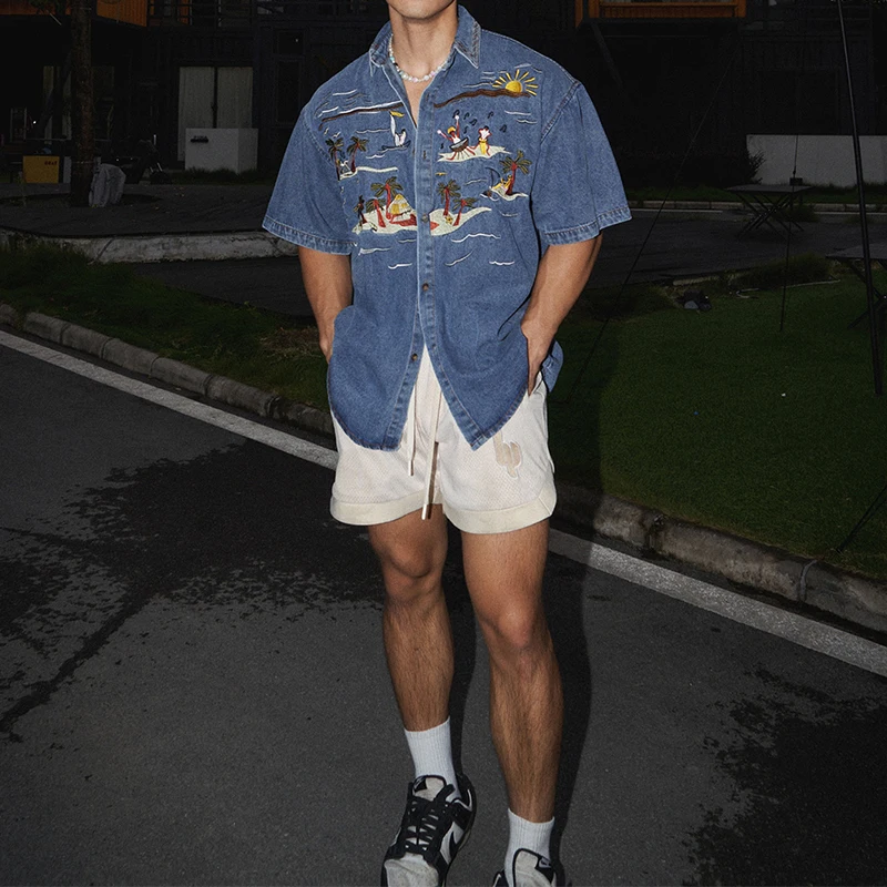 Casual Short Sleeve Denim Shirts for Mens Spring Summer Stylish Embroidery Denim Tops Men Vintage Button Turn-down Collar Shirt denim shirt