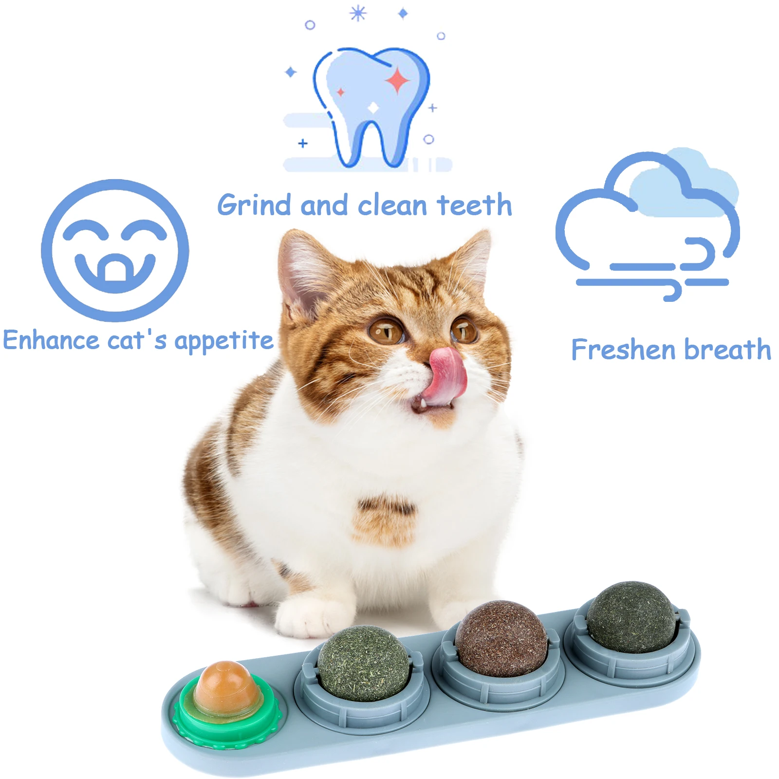 4pcs/set Catnip Ball Set Cat Treat Toys Snack Self-Adhesive Teething Molar Catnip Ball Ball Rotated Wall For Cats Mount Toy