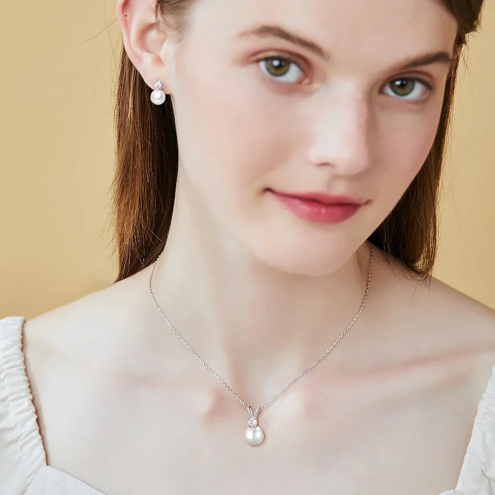 Natural Pearl & Moissanite Jewelry Set - Pendant Necklace & Earrings | Bridal Wedding Gift For Women