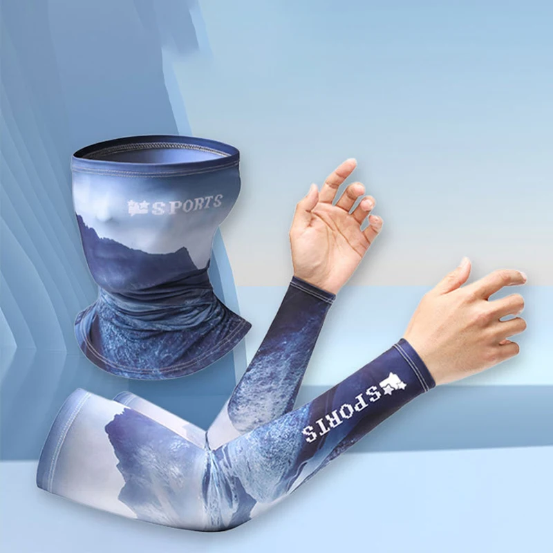 2Pcs Set Summer Ice Silk Cycling Arm Sleeves Breathable Bandana Mask Combination Suit Elastic Cold UV Sun Protection cycling arm sleeves