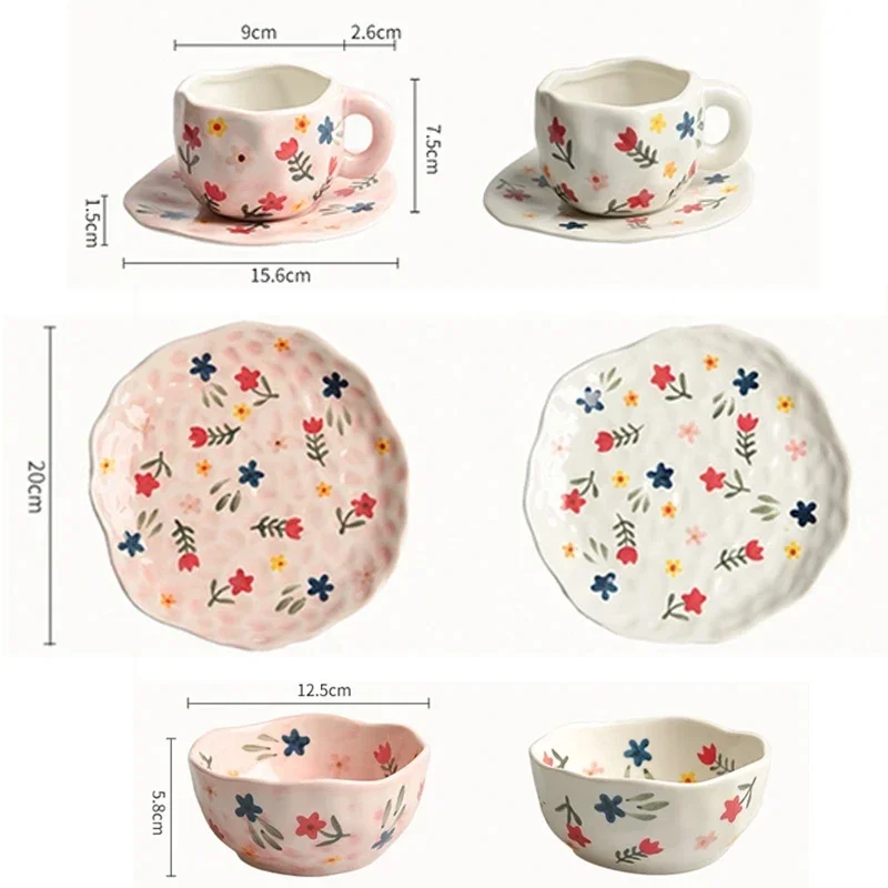 Hand-painted Ceramic Cup Saucer Dishes Irregular Dinner Plates Kitchen Household Flora Pattern Creative Gift