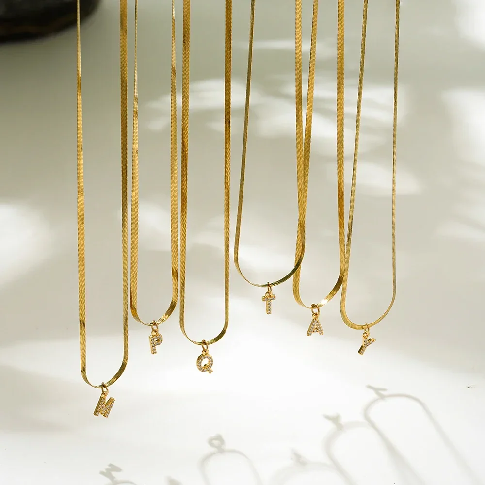 New Stainless Steel Shiny Zircon Alphabet Letter Pendant Necklace Waterproof Flat Snake Chain Mini Initial Choker Collar Jewelry