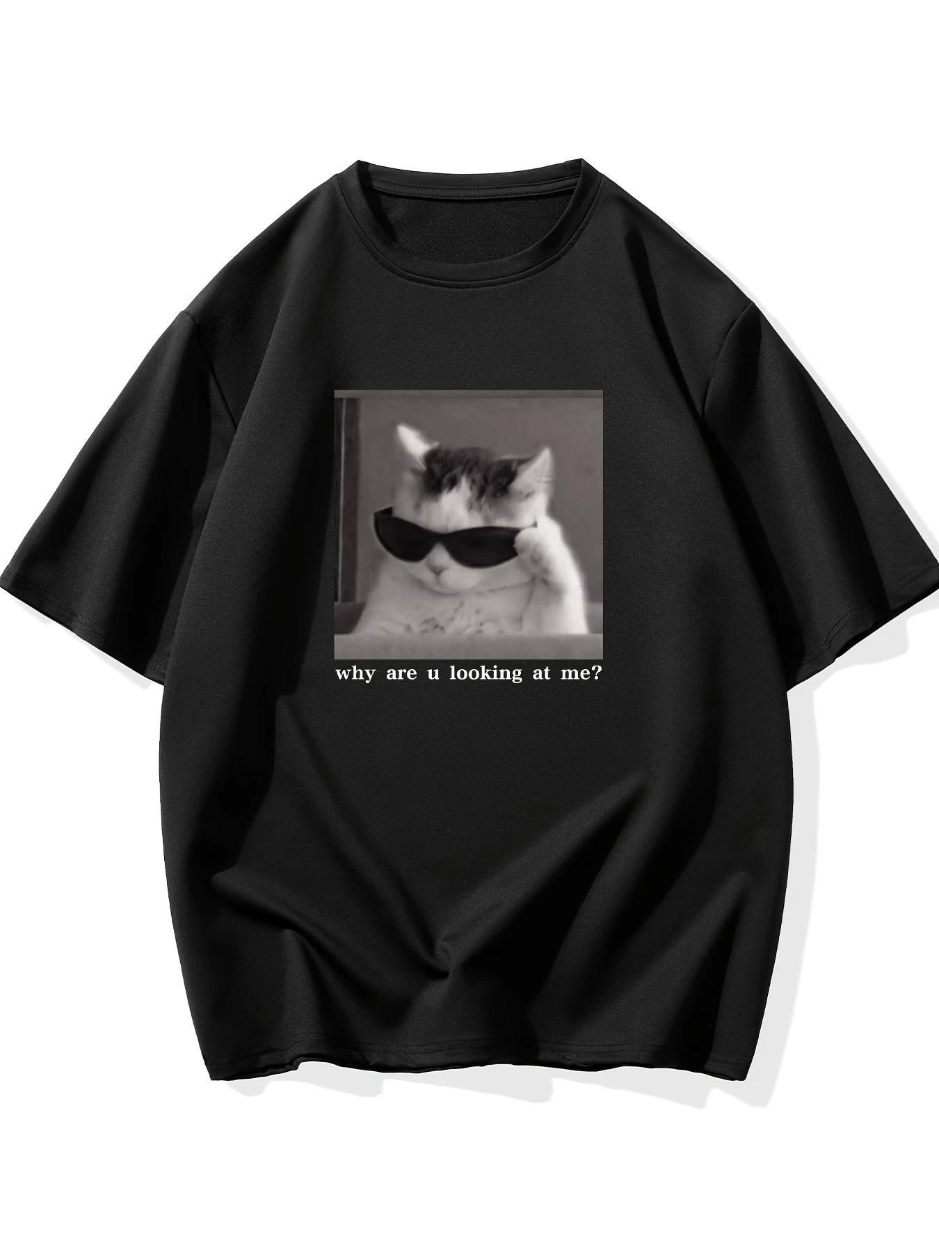 

"Why are you looking at me" Fun cat print street wear fashion casual trend summer men women universal short-sleeved T-shirt