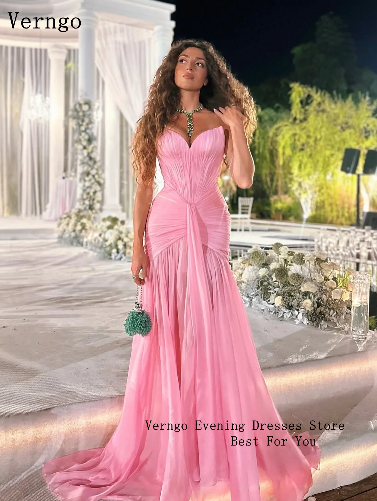 Verngo Pink Evening Dress Elegant Sweetheart A Line Maxi Prom Dress Flowing Hand-pleated Silk Prom Party Dress Customized 2