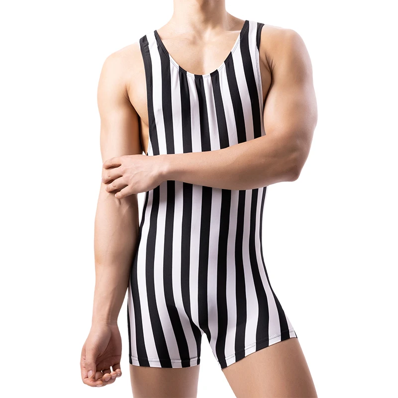 

Mens Bodysuits Leotard Fitness Wrestling Singlet Striped Undershirts Underwear Seamless Slip Homme Causal Jumpsuits One-piece