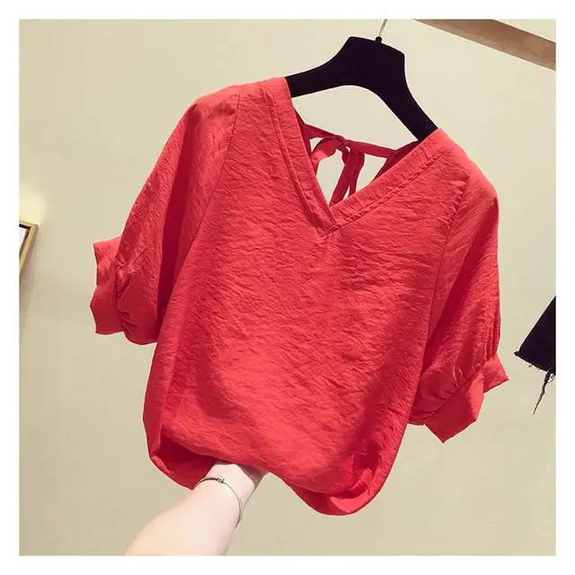 Chic Solid Hollow-out V Neck Lace Blouse Floral Patterns Embroidery Decoration Casual Women Shirt Puff Sleeved Half Cotton Tops Red