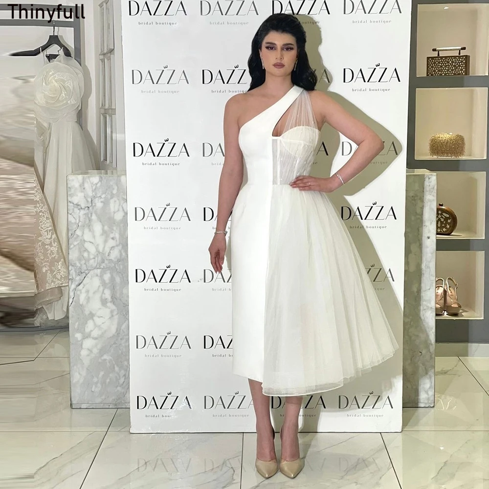 

Thinyfull Saudi Arabia One Shoulder Prom Dress A-line Satin and Tulle Evening Party Dresses Tea-Length Formal Occasion Gown