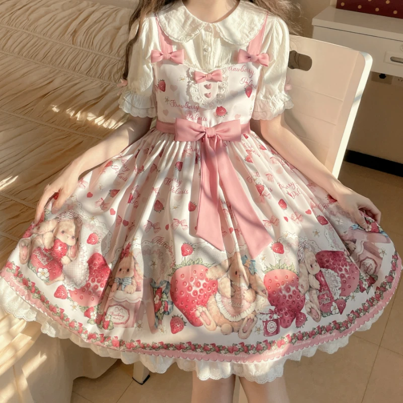 Victorian Sweet Lolita Jsk Dress Strawberry Cartoon Cute Rabbit Print Suspenders Dress Japanese Summer Girl Kawaii Party Dresses lolita dress,lolita suspender dress,lolita cosplay costumes,suspender dress