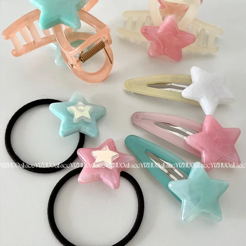 Japanese Korean New Cute Shiny Star Acetic Acid Hairpin Summer Grip Claw Leather Band Hair Rope Sweet Snap Clips HairAccessories color contrast shark claw clips elegant bow strong grip hair clips hair accessory large hair claw women