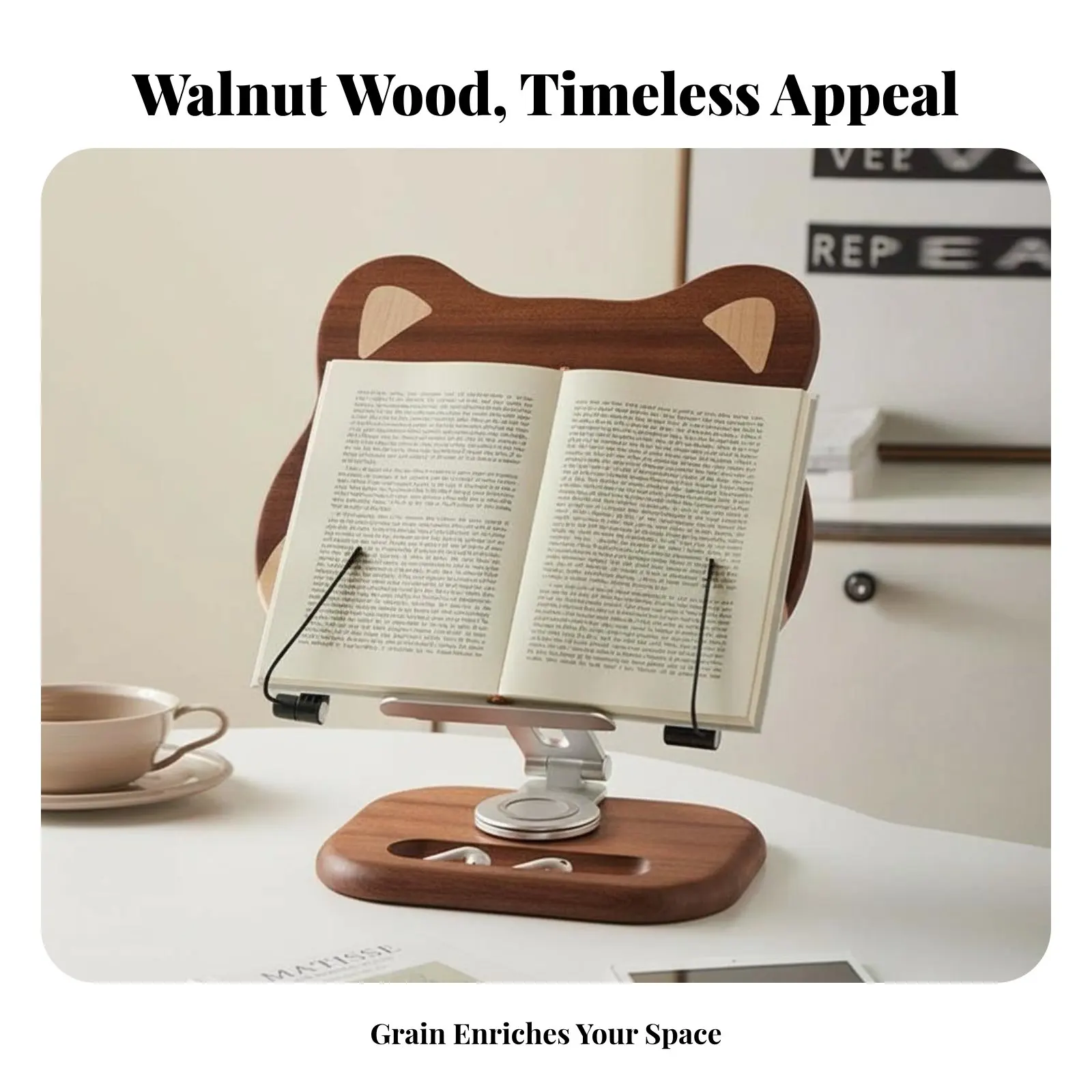 조절 가능한 나무 책꽂이 360도 회전 조절 가능한 독서 트레이 독자들을 위한 다기능 인체공학적 디자인