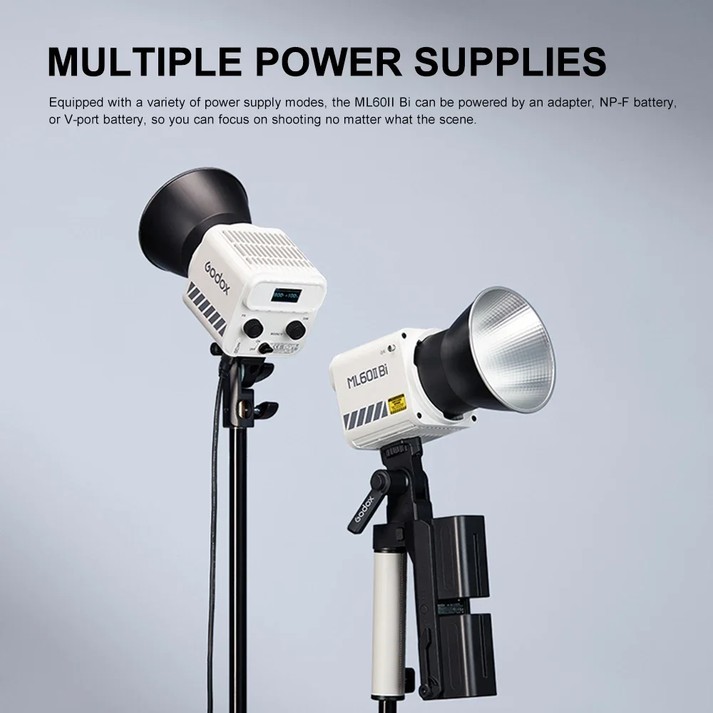 Godox ML60II BI 2800K -6500K LED 비디오 라이트, 무소음 모드, 휴대용 밝기 조정 지지대, 리튬 이온 야외 LED 업그레이드 램프