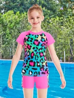 2-Piece Swim Set Swimming Suit Girls Short Sleeve Kids Tops with Boyleg Shorts Swimsuit Leopard Print Swimwear Color Blocking 1