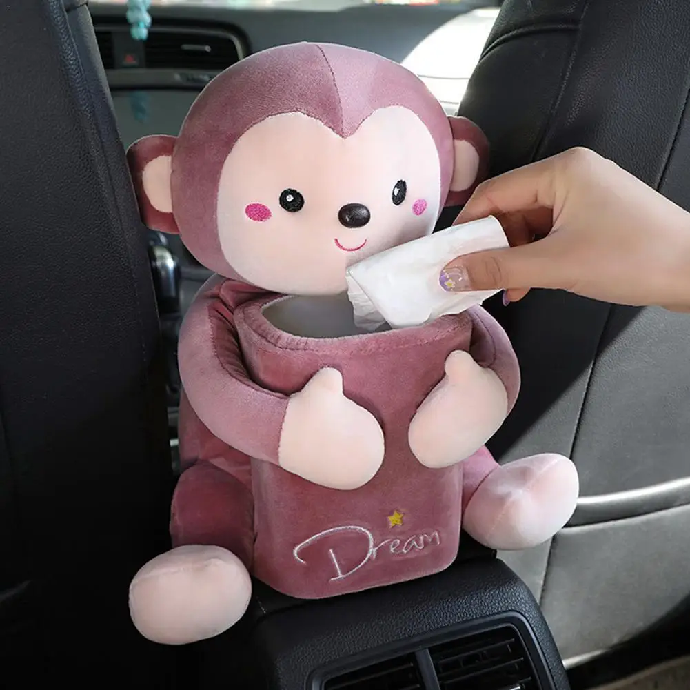 Car Tissue Holder Tissue Box Car Interior Accessories 2 In 1 Car Tissue Box Cute Cartoon Rabbit Dog Monkey Elastic Garbage Auto Animal Car Plush Tissue Interior Can Armrest Box