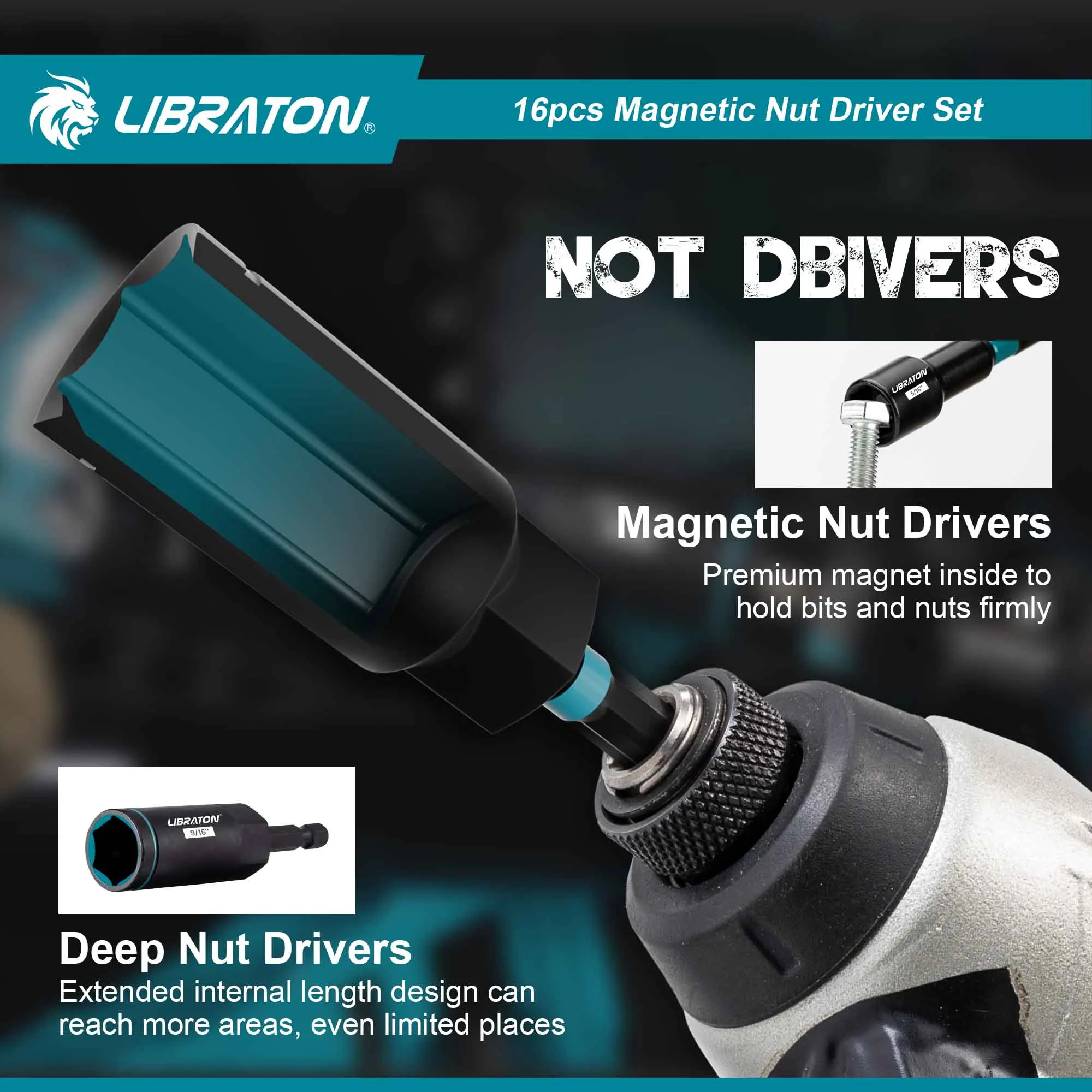 LIBRATON 16x Magnetic Nut Driver Set, SAE Nut Driver for Impact Drill, Deep Nut Driver Set, Impact Driver Bit Set for Car Repair 3