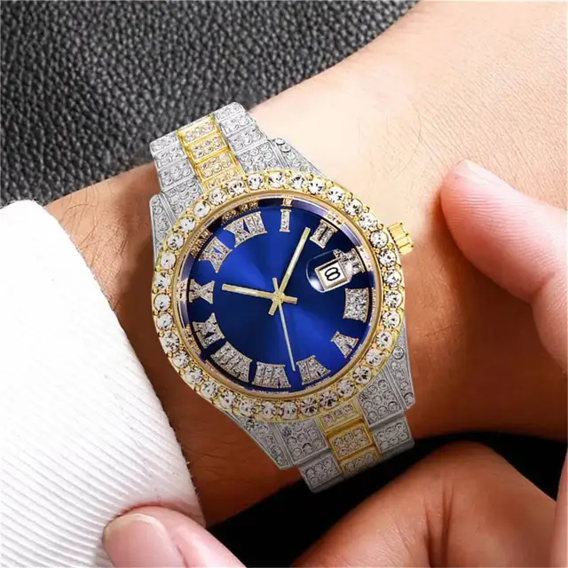 Montre à quartz entièrement en diamant pour homme, bracelet en acier inoxydable, montres-bracelets pour homme, date et calendrier, mode 2
