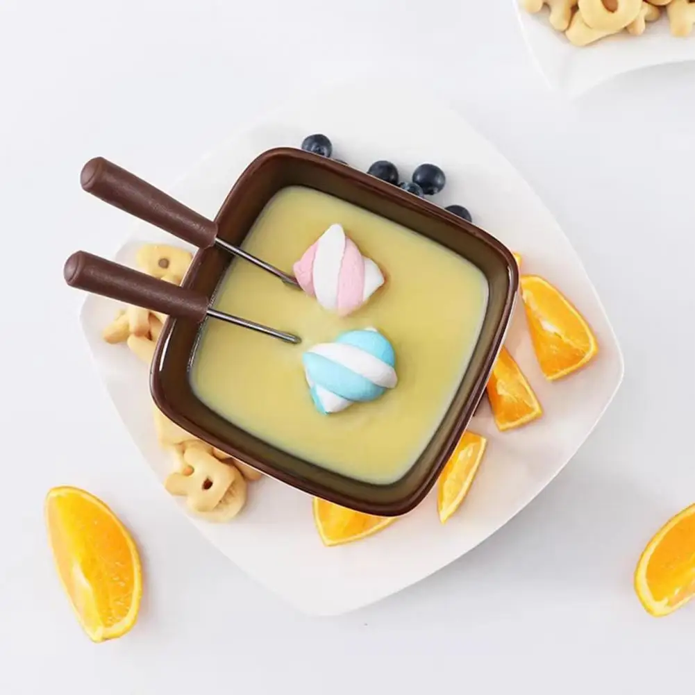 Chocolate Fondue Mugs Set with Forks 300ml Ceramic Melting Pot Set for Chocolate Cheese Butter Tealight Candle Fondue Pot