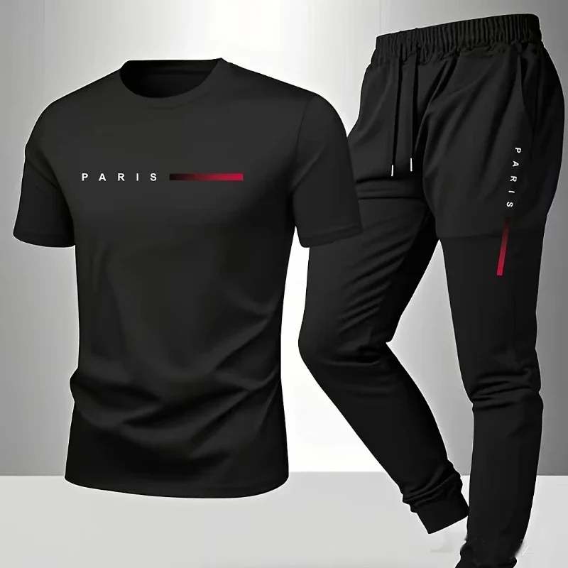 PARIS Men s casual suit spring and summer new style letter print American trend sports fashion short sleeved pants two-piece set