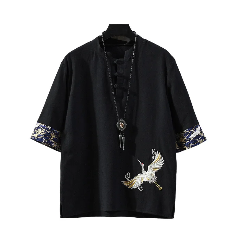 Men Summer Short-Sleeved Tang Shirt Chinese Style Button Linen T-Shirt Plus Size Loose Embroidery Crane T-Shirt Japanese Kimono