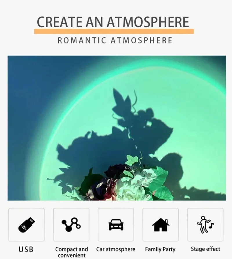 Description Picture 3 of itemLED USB Sunset Lamp Sunlight Projector Portable Atmosphere Lamp Romantic Background Night Light For Bedroom Party Decor Light