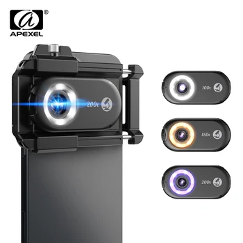 APEXEL New Upgrated 100X-200X Microscope Lens  3in 1Phone Camera Lens Kit Macro Lenses with LED Light for almost All Smartphone 1