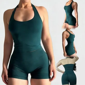 2 Pieces Sports Halter Top Strappy Bra Shorts Set Women Seamless Yoga Gym Leggings Set Running Fitness Sports Shorts Suit 1