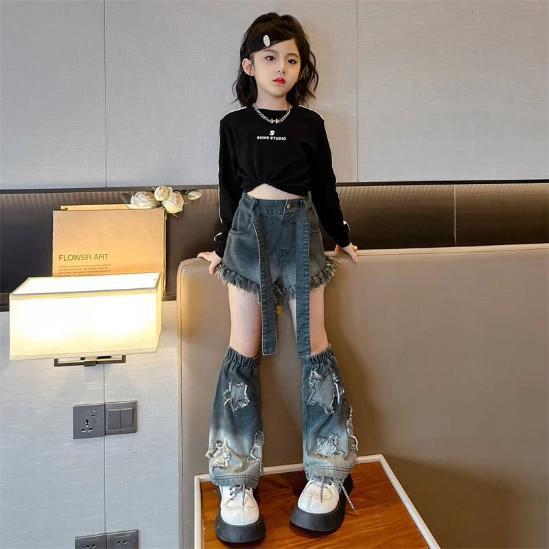 Chic Girl Children Clothing Girls Jeans Design Two Cut Split Pants