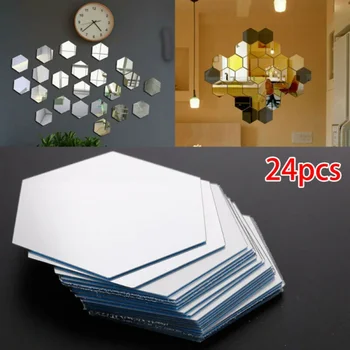 24pcs Mirror Wall Sticker 46*40*23mm Hexagon Acrylic Bathroom Mirror Wall Sticker For Household Decoration Supplies