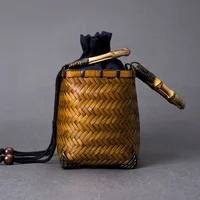 Chinese Retro Woven Bag Women Bento Tableware Storage Bundle Mouth Lining Style Handheld Basket Bamboo Handle Organizer Pouch 2