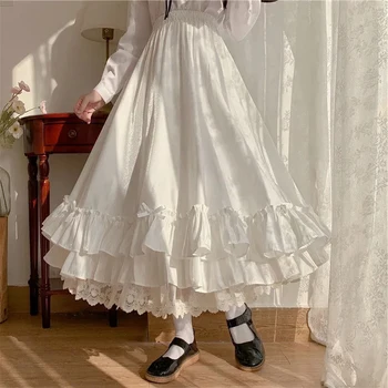 Fashion Sweet Midi Skirt Women Lace Patchwork Bow Preppy Fall Loose Casual Skirts Japanses Ruffle High Waist Solid Chic Skirt 1