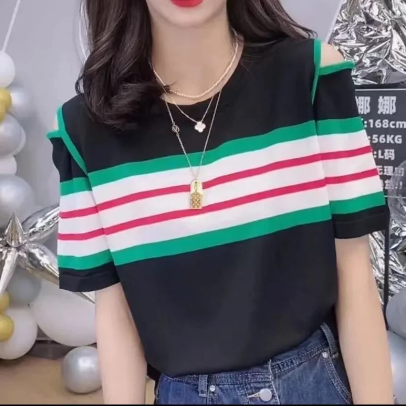 

2023 Summer New Stripe Spliced Loose Round Neck Fashion temperament Pullover Casual Simple Commuter Versatile Women's Clothing