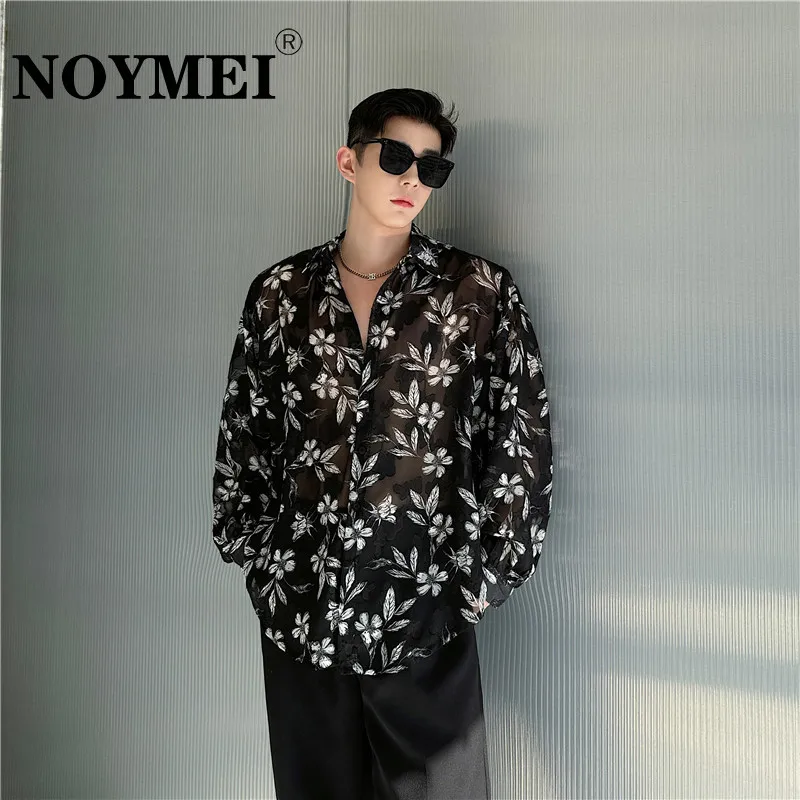

NOYMEI Summer Transparency Jacquard Design Long Sleeve Shirt Turn-down Collar Single Breasted All-match 2024 New Top WA5112