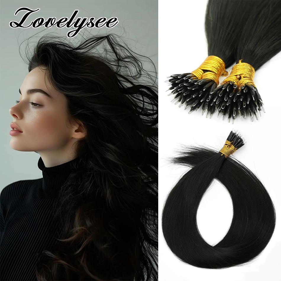 

16-22 Inch Nano Hair Extensions Human Hair Natural Color Cold Fusion Nano Ring Extensions for Women Black Nano Tip Extensions