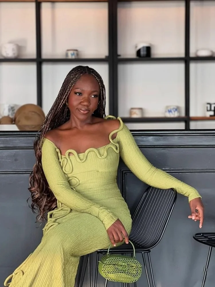 Wmstar Dress Women Wholesale New Pleated Personalized Twisted Rope Decorated Square Neck Long Sleeved Slim Spring Summer 2025