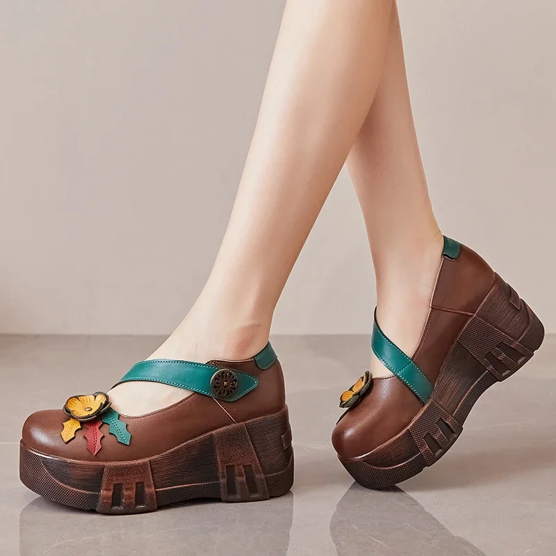 

Birkuir Thick Heel Shoes For Women Flowers Wedges Luxury Shoes Genuine Leather Hook Loop Flowers Retro Four Seasons Ladies Shoes