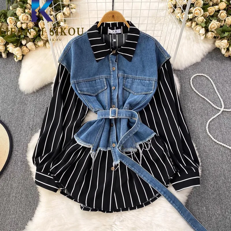 

Женская джинсовая рубашка в полоску, с длинным рукавом, средней длины