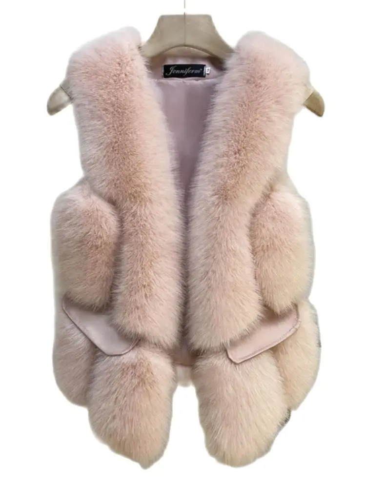

Warm Fake Leather Sleeveless Jackets Vests New 2023 Women Fashion Fluffy Artificial Faux Fox Fur Teddy Waistcoats Female Street
