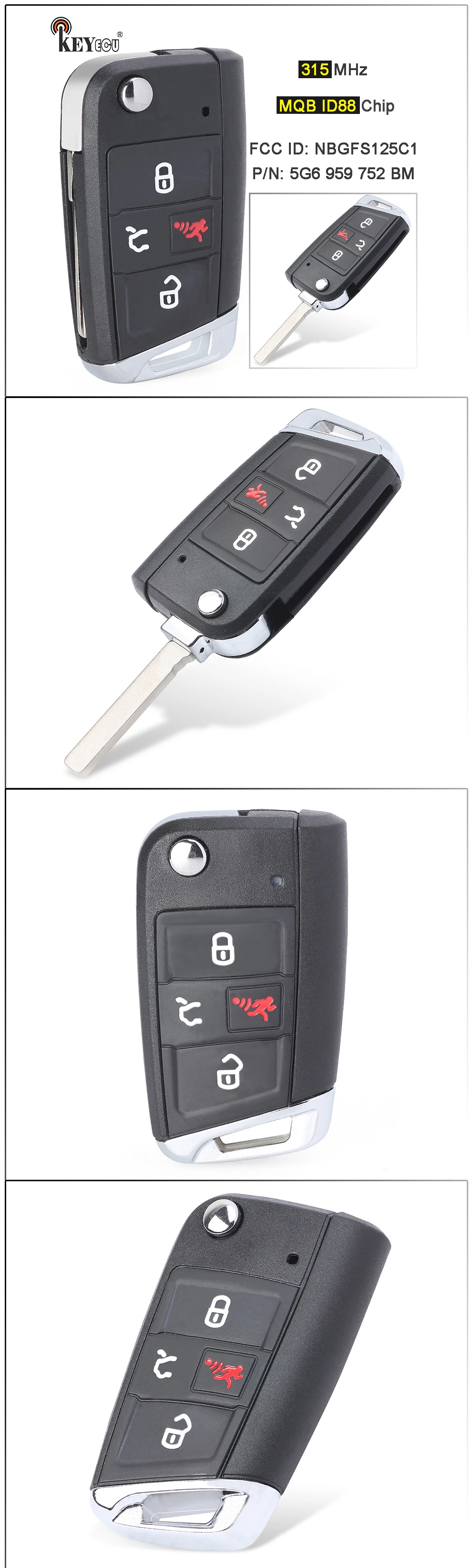 Keyforkess 315MHz MQB AES ID88 Chip 55g0 959 752 BE Flip telecomando portachiavi per Volkswagen VW GTI Golf SportWagen e-golf - S28be7f29dc5248ba80a93384becdda32O