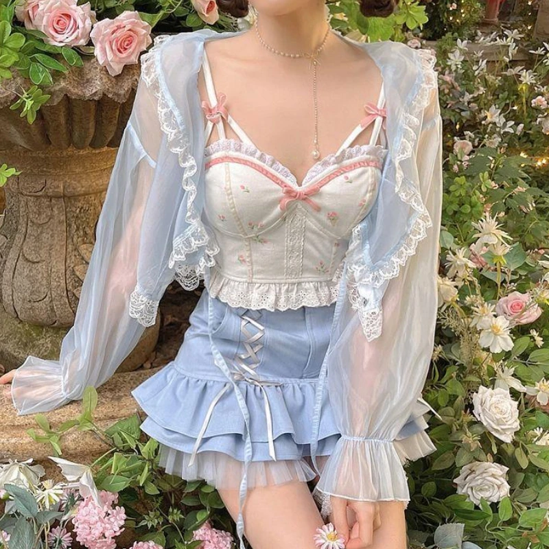 

HOUZHOU Cute Sexy Floral Bodycon Camis Summer Corset Top Women Vintage Fairycore Lace Bow Patchwork Slim Sleeveless Crop Top